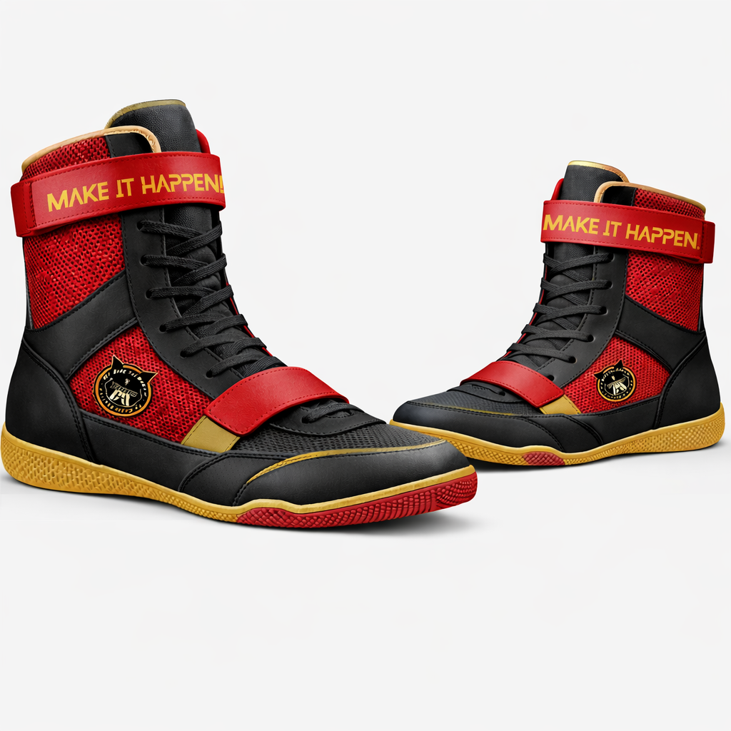 Black, red and gold KGS boxing boots with a Make It Happen strap