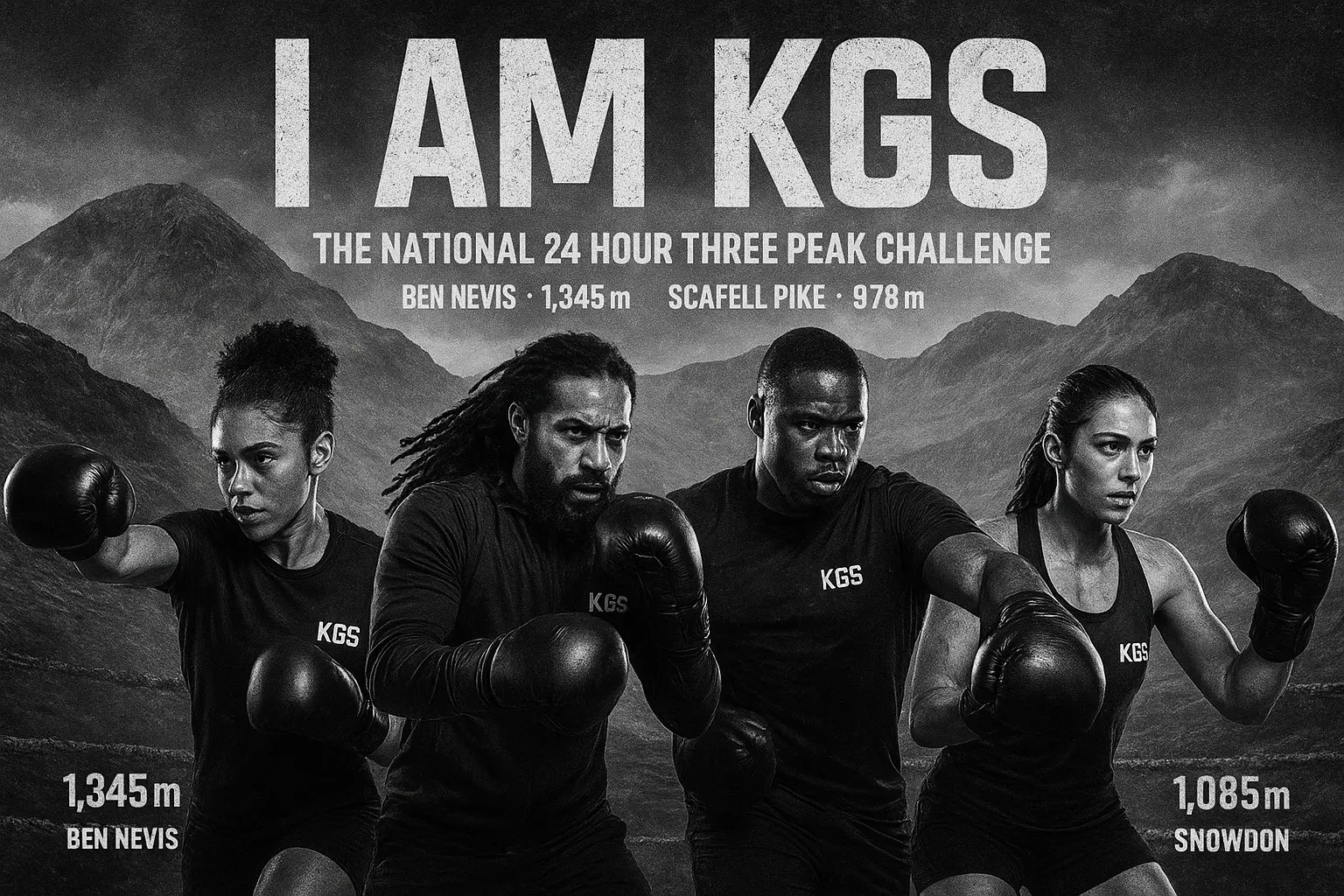 KGS team in boxing gloves in front of mountains for the national three peak challenge