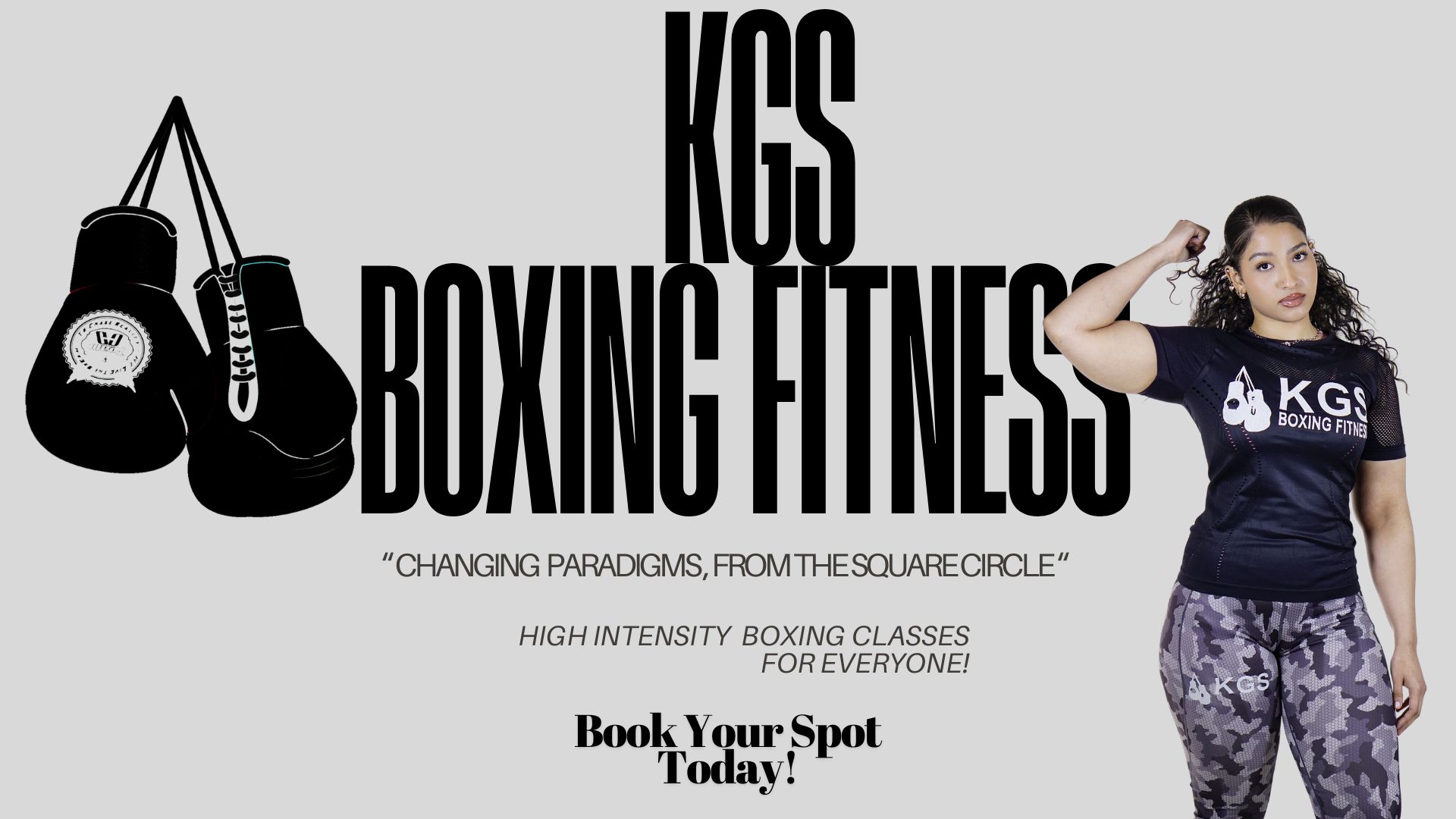 KGS Boxing Fitness brand image with a member flexing beside hanging gloves