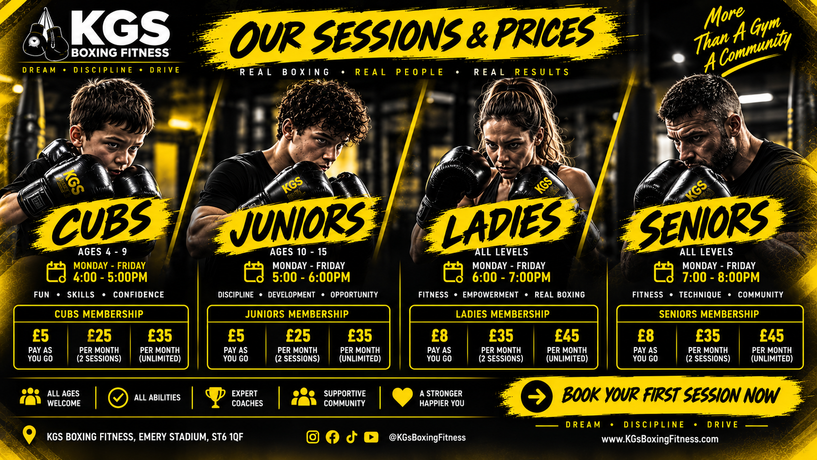 KGS Boxing Fitness sessions and prices: Cubs, Juniors, Ladies and Seniors membership options